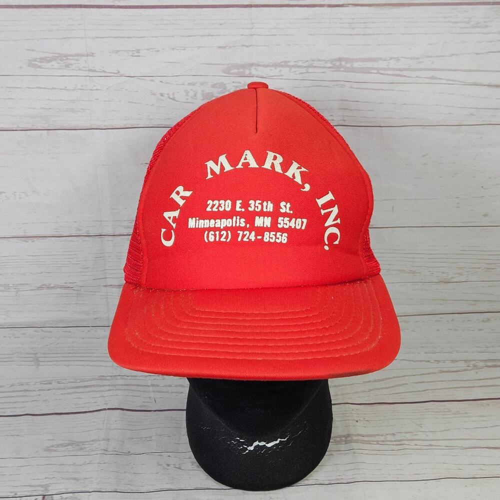 VTG Speedway Trucker Hat Car Mark Inc. Mens Adjustable Red White Mesh Snapback